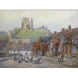 Arthur E. Toope (1884-1954) 'View of Corfe Castle, Dorset, with shepherd driving sheep' oil on