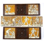Eight Minton 'Old English Sports and Games' tiles three set into wooden frames, each stamped '