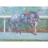 Julian Stanley (b.1951) 'Leading up the grey filly, Whoa!' oil on canvas signed lower right 28cm x