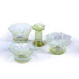 Three Whitefriars style opalescent glass dishes with crimped edges, 13.5cm in diameter and one