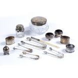 Assortment of silver to include: propelling fountain pen by Samson and Morden, napkin rings,
