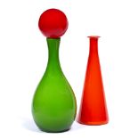 Empoli glass orange conical vase 32cm high and a green glass decanter with red stopper, 40cm high,