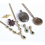 Selection of costume jewellery to include: 9ct gold front and back locket, garnet pendant, 9ct