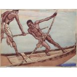 Mabel Allington Royds (1874-1941) 'Boatmen' woodblock print signed in pencil lower right 26cm x 36cm