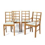 Heals Set of four oak dining chairs, Cotswold School lattice work backs the carver with curved