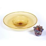 Italian millefiori cane handkerchief vase unsigned, 10.5cm high and a yellow glass dish,
