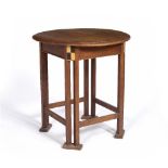 Heals style occasional table, oak, with parquetry decoration 58cm diameter x 61cm high