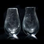 In the manner of Kosta Boda pair of vases, glass engraved with butterflies inscribed 'E26299' 19cm