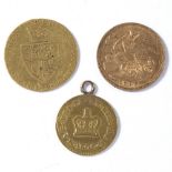 Victorian half sovereign dated 1898, a George III half Guinea and one other gold coin (3)