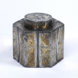 Hexagonal paktong tea caddy Chinese, mid 19th Century inset with gold coloured clouds, phoenix and