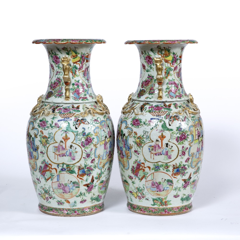 Pair of Canton polychrome vases Chinese,19th Century each painted with a panel of courtiers,within a - Image 2 of 4