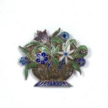 Enamel and white metal brooch Chinese in the form of a basket of flowers 4cm across