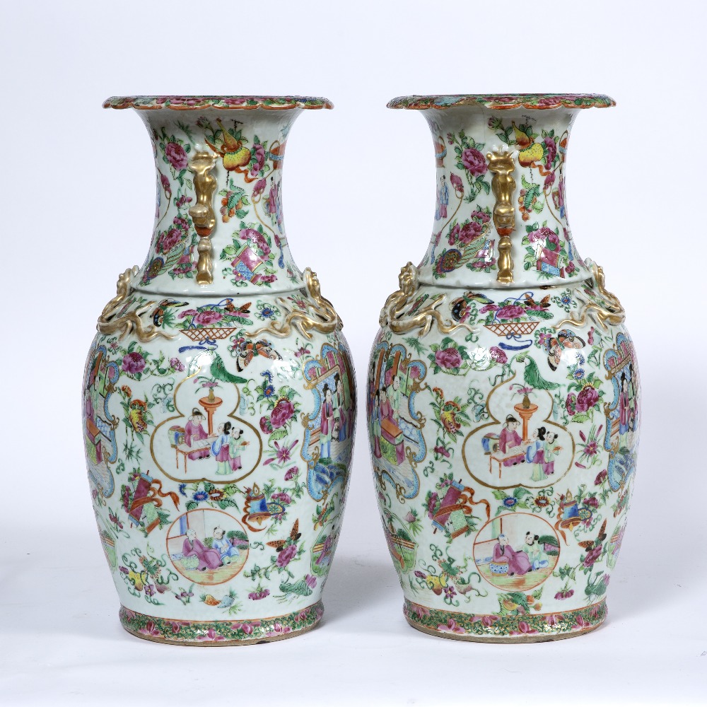 Pair of Canton polychrome vases Chinese,19th Century each painted with a panel of courtiers,within a - Image 4 of 4