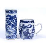 Blue and white porcelain barrel shaped tankard Chinese, Guangxu with river landscape 14cm and a