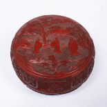 Circular cinnabar lacquer box and cover Chinese, 19th Century carved with scholars in a garden