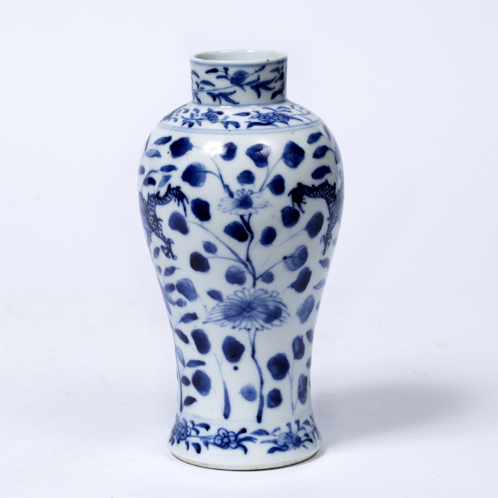 Blue and white baluster vase Chinese, 19th Century decorated to the outside depicting two dragons in - Image 2 of 3