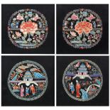 Four framed embroidered textiles Chinese, 20th Century each of circular shape depicting figures in a