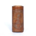 Bamboo brush vase Chinese, 19th Century carved in low relief with an oval window framing a court