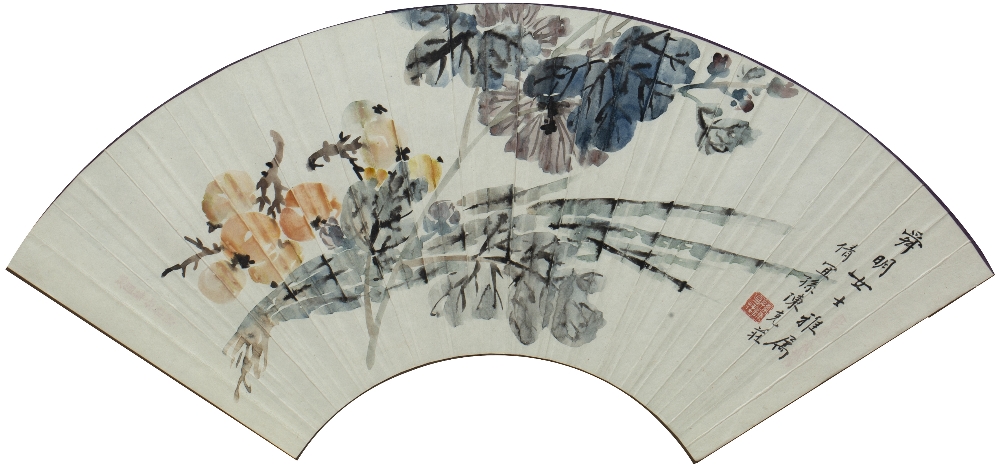 Pair of fan studies Chinese, 20th Century signed Sun Chen Ke, ink on paper, depicting flowers, - Image 4 of 6