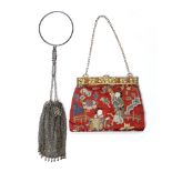 Embroidered evening bag Chinese, circa 1930 with coral inset gilt metal filigree mount 17cm across