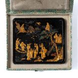 Duan inkstone Chinese decorated in gold and green, depicting Immortals, the reverse with several