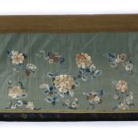 Green silk panel with Peking knot Chinese embroidered with peonies 63cm x 230cm overall