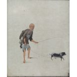Chinese School 19th Century watercolour study of farmer leading a pig on a lead, inscribed 35.5cm