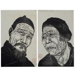 Pair of etchings Chinese, 20th Century depicting two elderly figures, with artists seal mark,