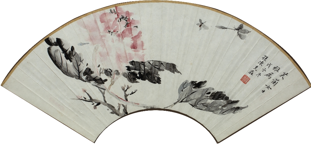 Pair of fan studies Chinese, 20th Century signed Sun Chen Ke, ink on paper, depicting flowers, - Image 3 of 6