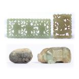 Four jade pieces Chinese to include a carving of a pig, a recumbent beast, a plaque and an