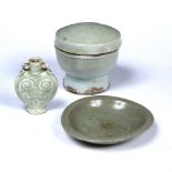 Three pieces of longquan porcelain Chinese 17th/18th Century including a small dish 9cm a lidded