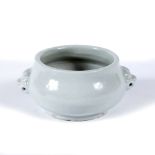 White glazed celadon censer Chinese, 18th Century with stylized animal head handles 6.5cm high x