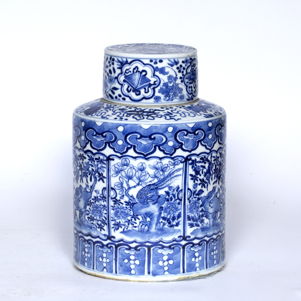 Blue and white cylindrical vase and cover Chinese, 19th Century decorated with panels of birds and - Image 2 of 4