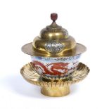 Wucai dragon bowl Tibetan six character Daoguang mark, painted confronting dragons in iron red,