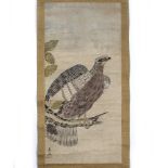 Hanging scroll Japanese depicting an eagle standing on a branch, signed