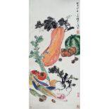 Wang Xuetao (1903-1982) vegetables and fruit, scroll, ink on paper with artists seal marks 99cm x