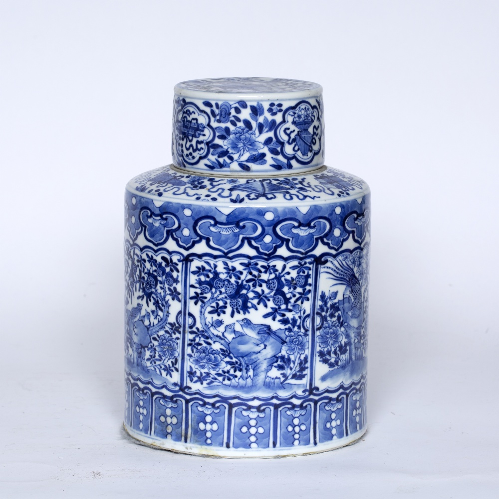 Blue and white cylindrical vase and cover Chinese, 19th Century decorated with panels of birds and - Image 3 of 4