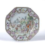 Hexagonal famille rose plate Chinese, 18th century depicting figures in day to day life, such as
