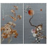 Pair of embroideries Chinese, 20th Century depicting flowers in bloom with birds sitting on a branch