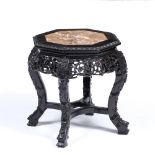 Hexagonal low hardwood urn/jardiniere stand Chinese, circa 1900 with inset marble top and overall