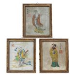 Three watercolours Chinese depicting Immortals, each with a three character and red seal mark 17cm x
