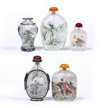 Group of five glass snuff bottles Chinese early/mid 20th Century each inside painted with