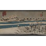 Utagawa Hiroshige (1797-1858) 'View of the Sumida River in the snow' woodblock print 18cm x 32cm and