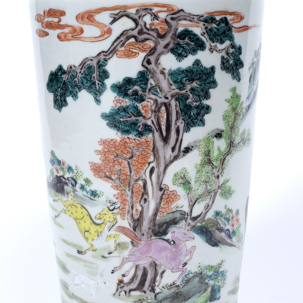 Polychrome enamelled vase Chinese, 19th Century painted with a stag hunting scene 45cm high - Image 6 of 8