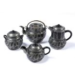 Yixing four piece tea set Chinese, 19th century with applied pewter mounts and decoration