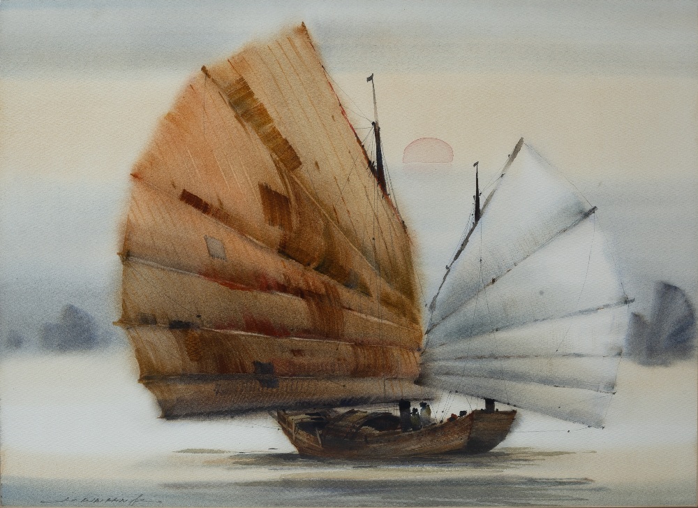 H Leung (Chinese) fishing boats, oil on canvas 89cm x 58cm and a watercolour study of a junk - Image 6 of 6