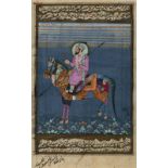 Indian School Figure on a horse, the horse painted with iconography depicting tigers and figures,