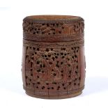 Bamboo cylindrical container Chinese, 19th Century carved with panels of scholars and phoenix 13.5cm