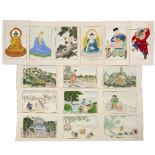 Fifteen painted cards Chinese, 20th Century most depicting daily life, with children at play and