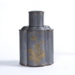 Pewter tea caddy Chinese, 19th/20th century of ribbed form, decorated with brass floral overlay 15cm